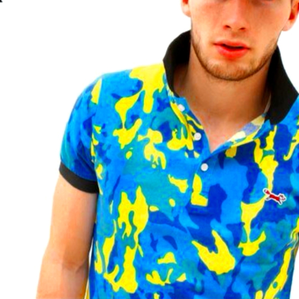Retro Fox Polo Shirt Blue Camo 100%Cotton NWT